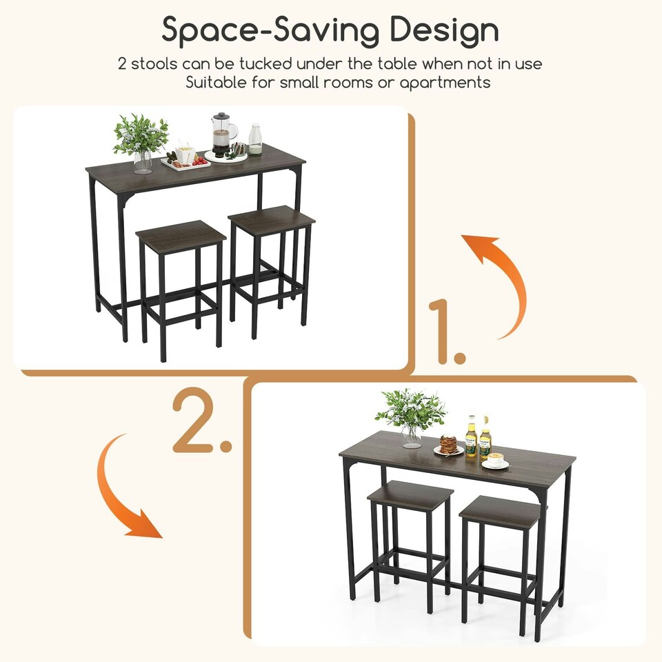 image 1 of COSTWAY 3Pcs Dining Table Set Counter Height Kitchen Gray Grey
