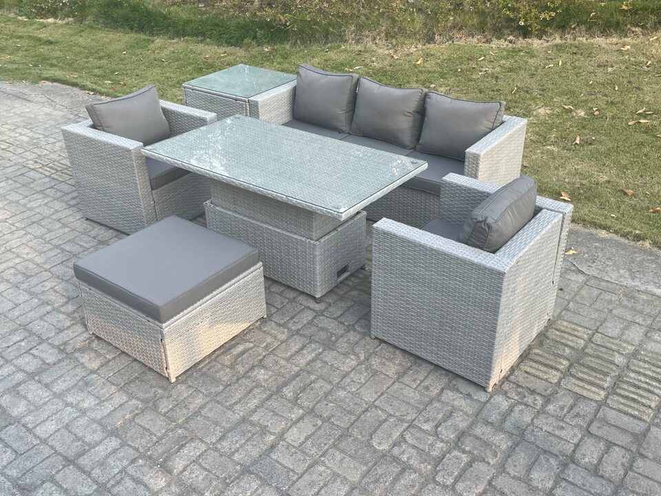 image 1 of Fimous Rattan Garden Funiture Set Adjustable Rising Lifting Table Sofa Dining Set With 2 Arm Chair Side Table Big Footstool