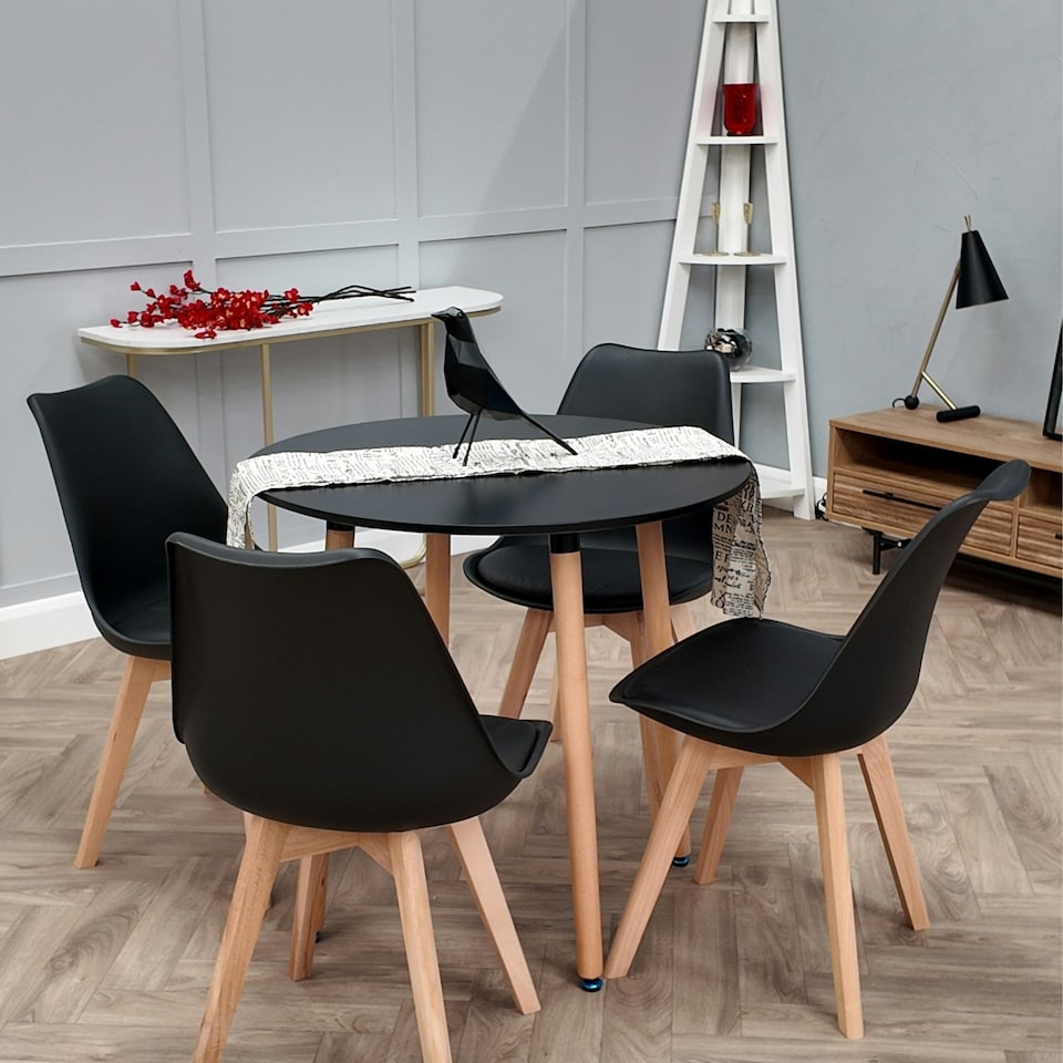 image 1 of Set of 4 Scandinavian Dining Chairs with Leather Cushions Solid Wood Legs Black