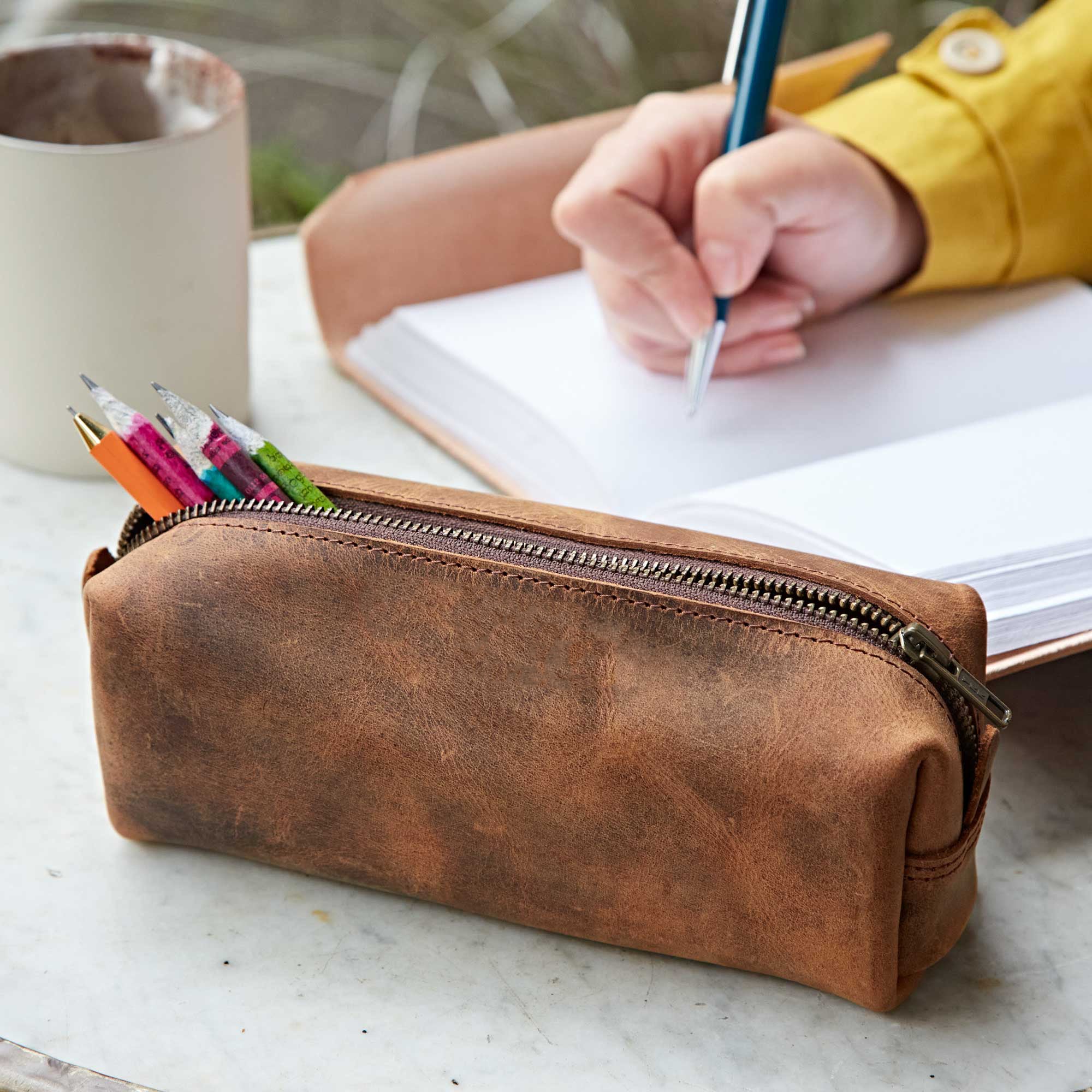 Paper High Buffalo Leather Square Pencil Case in Brown