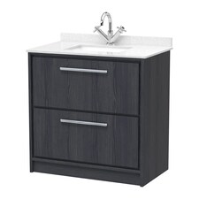 Balterley Longnor 2 Drawer Floor Standing Vanity Unit with Square Basin and Marble Worktop, Woodgrain Graphite Grey, 800mm