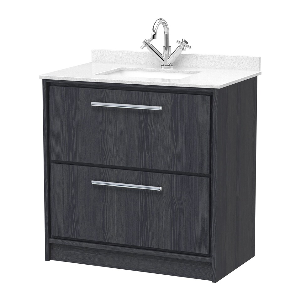 image 1 of Balterley Longnor 2 Drawer Floor Standing Vanity Unit with Square Basin and Marble Worktop, Woodgrain Graphite Grey, 800mm