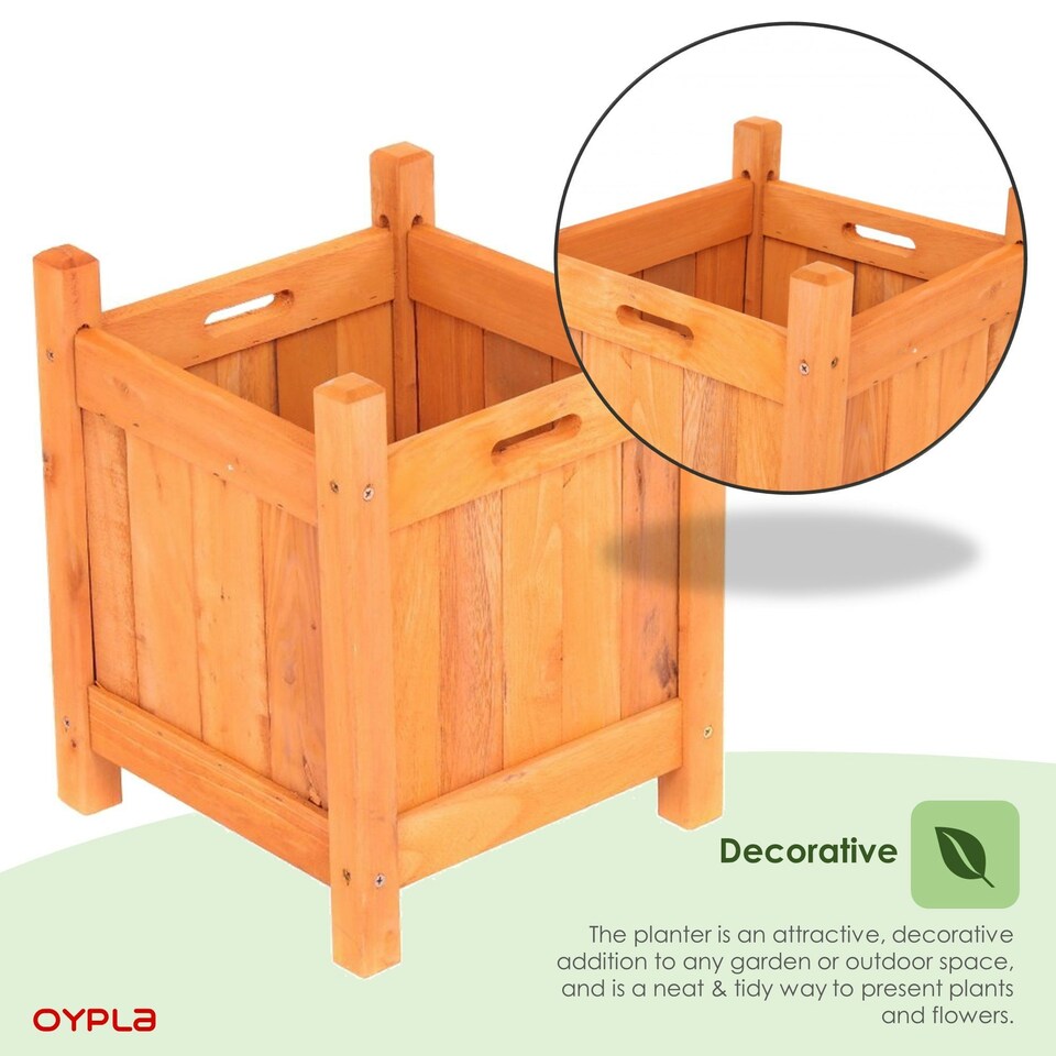 image 1 of Oypla Garden Wooden Square Flower Planter Ornamental Plant Pot Brown