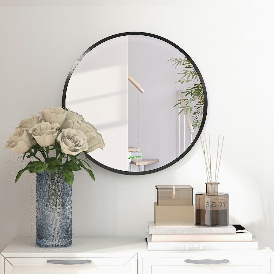 image 1 of kleankin Round Bathroom Mirror, Modern Wall Mirror Aluminium Frame, 40x40 cm