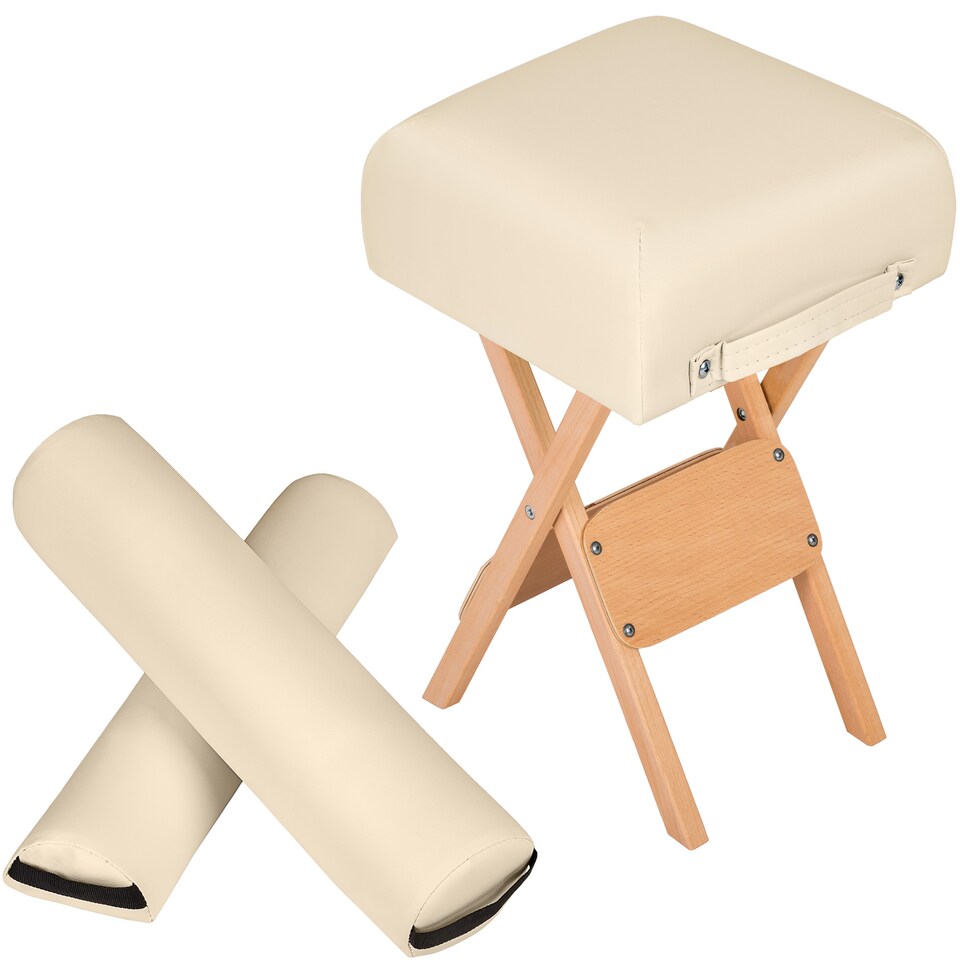 image 1 of Stool & Bolster Cushion Set - foldable, padded, wood and faux leather | Cream | beige | 1
