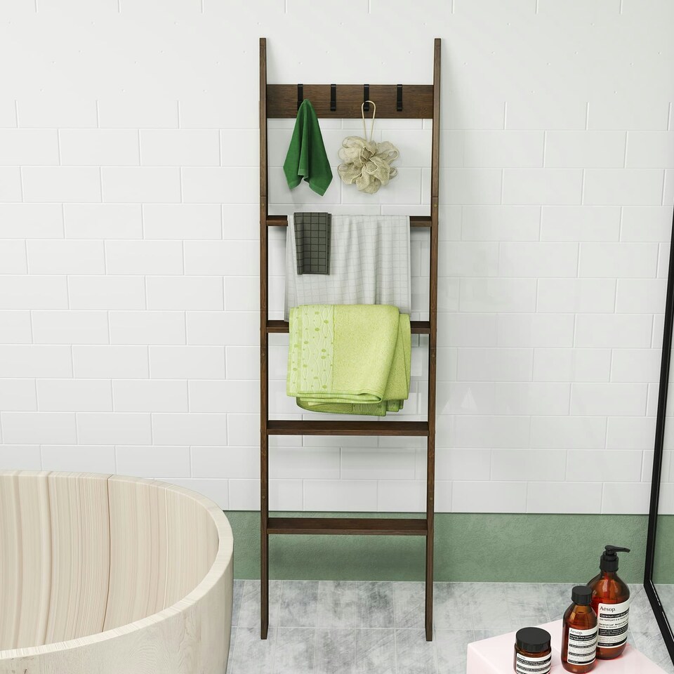 image 1 of COSTWAY Bamboo Blanket Ladder 5-Tier Ladder Shelf w/4 Removable Hooks-Brown Brown | One Size