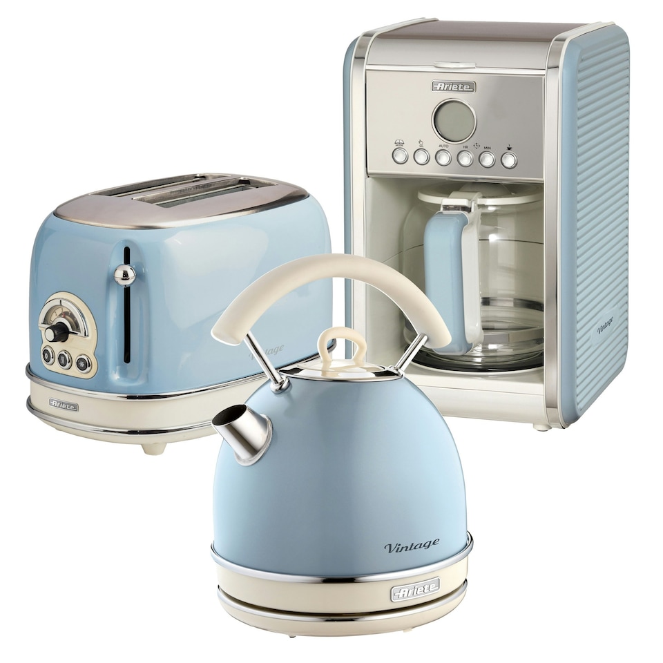 image 1 of Ariete ARPK15 Vintage Retro Dome Kettle, Toaster & Filter Coffee Machine Set, Blue