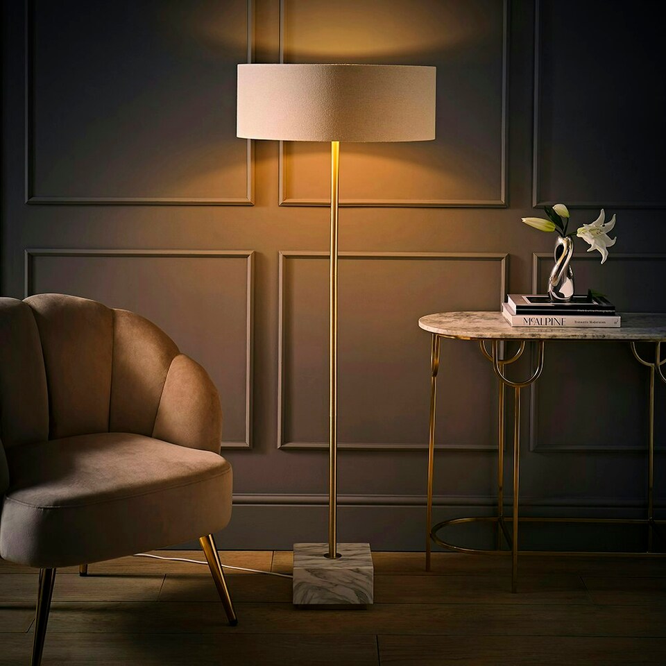 image 1 of ValueLights Britney Marble Floor Lamp with Natural Linen Drum Lamp Shade Gold