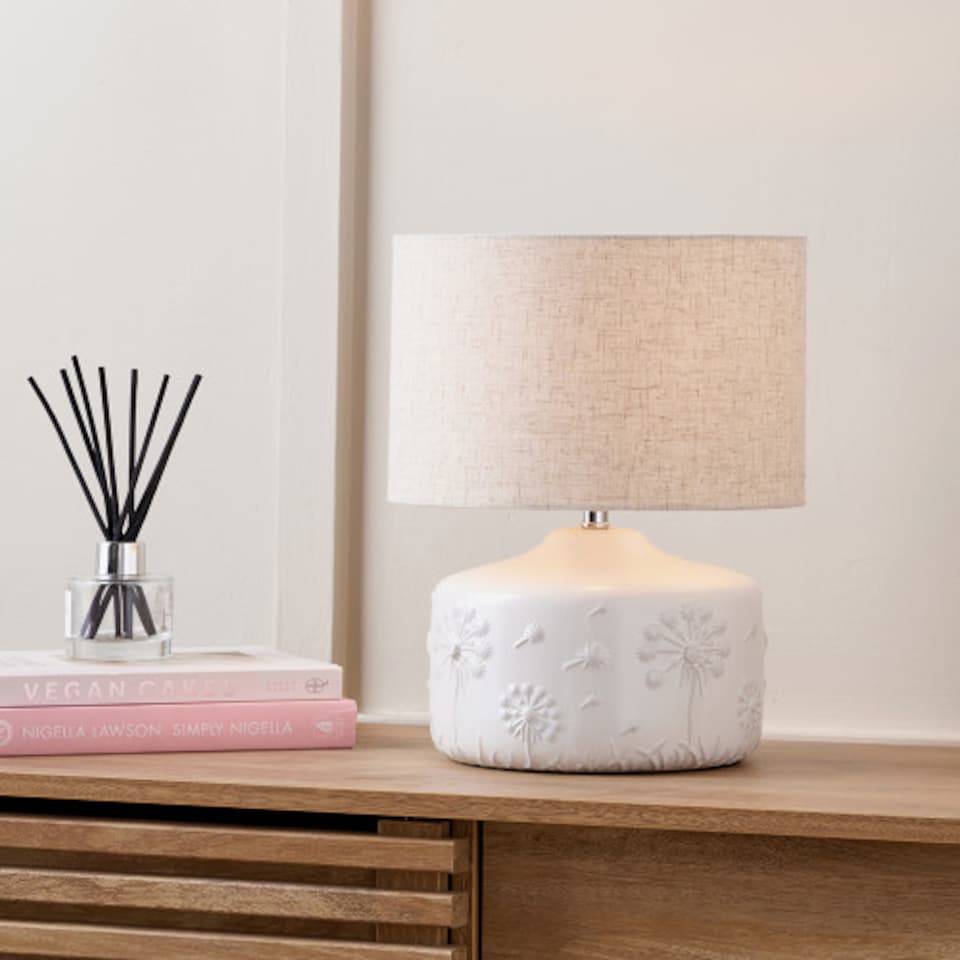 image 1 of Dandelion Flowers White Small Floral Ceramic Table Lamp | White | White | 1