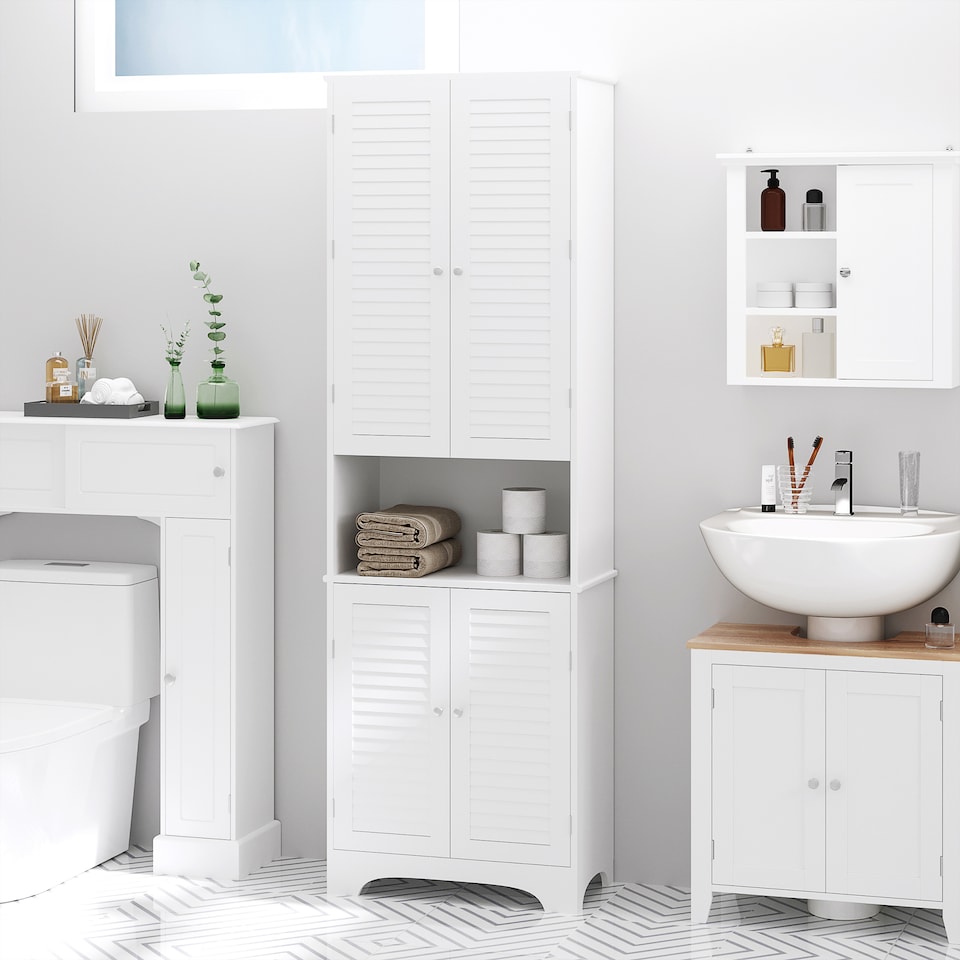 image 1 of HOMCOM Tall Freestanding Bathroom Cabinet Retro Shutters w  3 Compartments Shelves Elevated Base Narrow Organiser White 60L x 30W x 182.5H cm | White | White