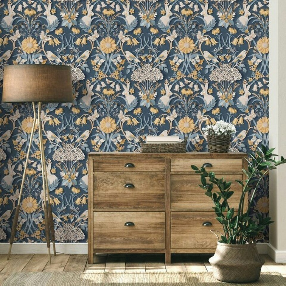 image 1 of Fine Decor Woodland Wallpaper - Navy - 10m x 53cm