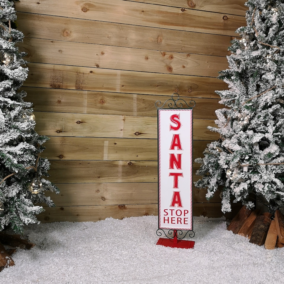 image 1 of 86cm Red and White Santa Stop Here Sign Christmas Decoration
