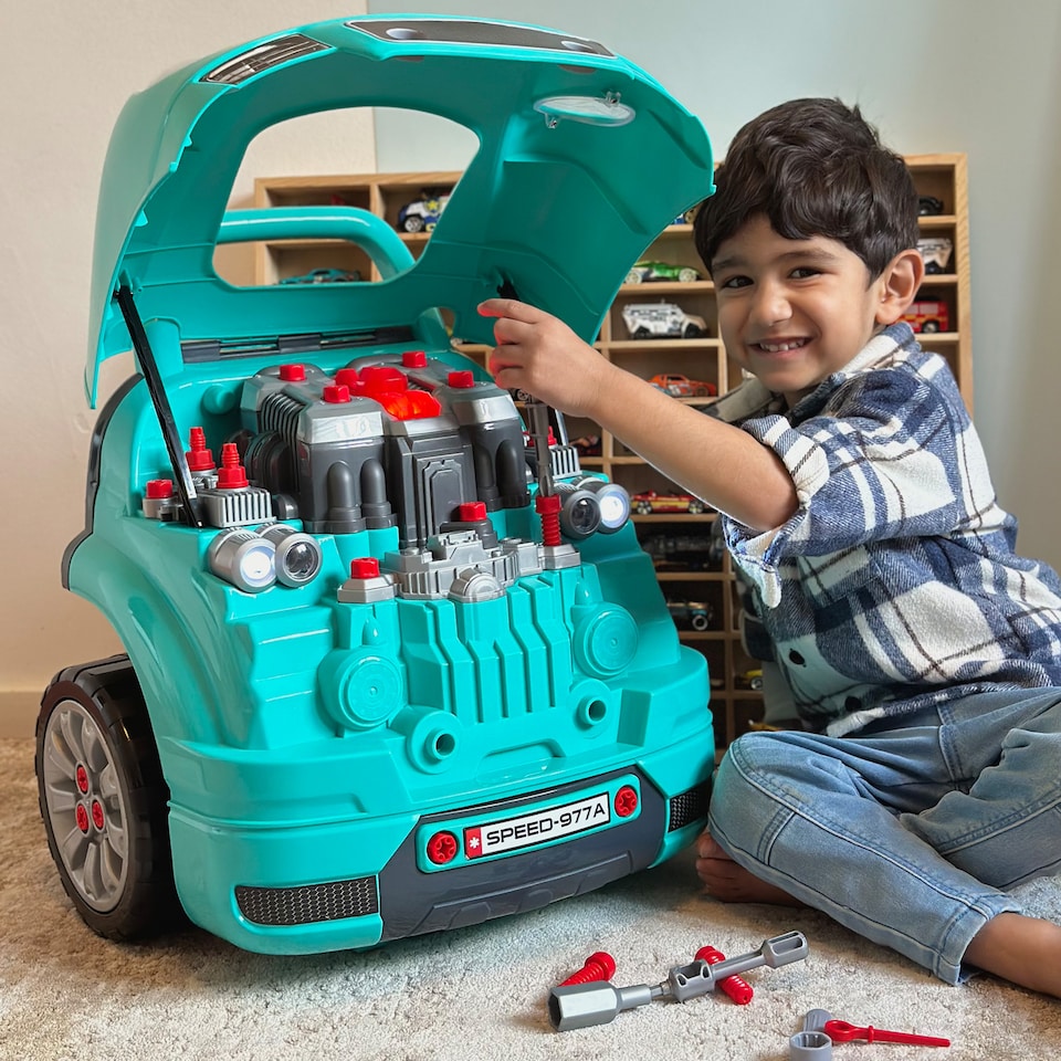 image 1 of HOMCOM Kids Truck Engine Toy Set Toddler Educational Car Service Station with RC Car Key Steering Wheel Horn Light, Mechanic Gifts for Ages 3-5 Years - Teal