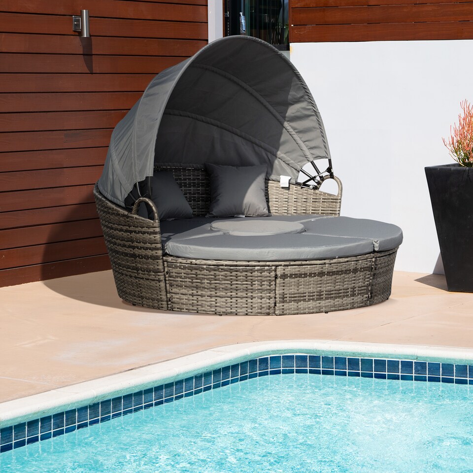 image 1 of Outsunny Outdoor PE Rattan Garden Furniture with Cushioned, Patio Wicker Conversation Furniture Set, Round Daybed with Retractable Canopy, Coffee Table and Three Pillows, Grey