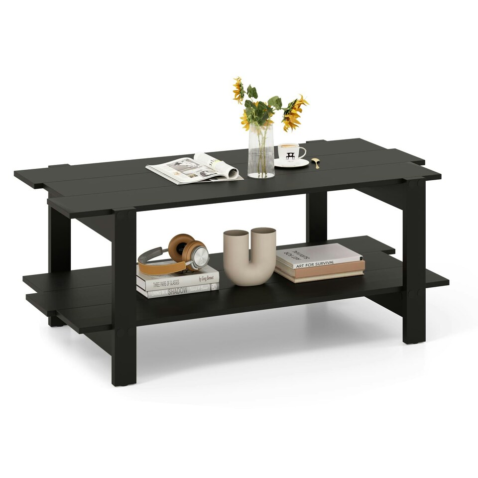 image 1 of COSTWAY 2-Tier Coffee Table Slatted Wood Center Table Black Black