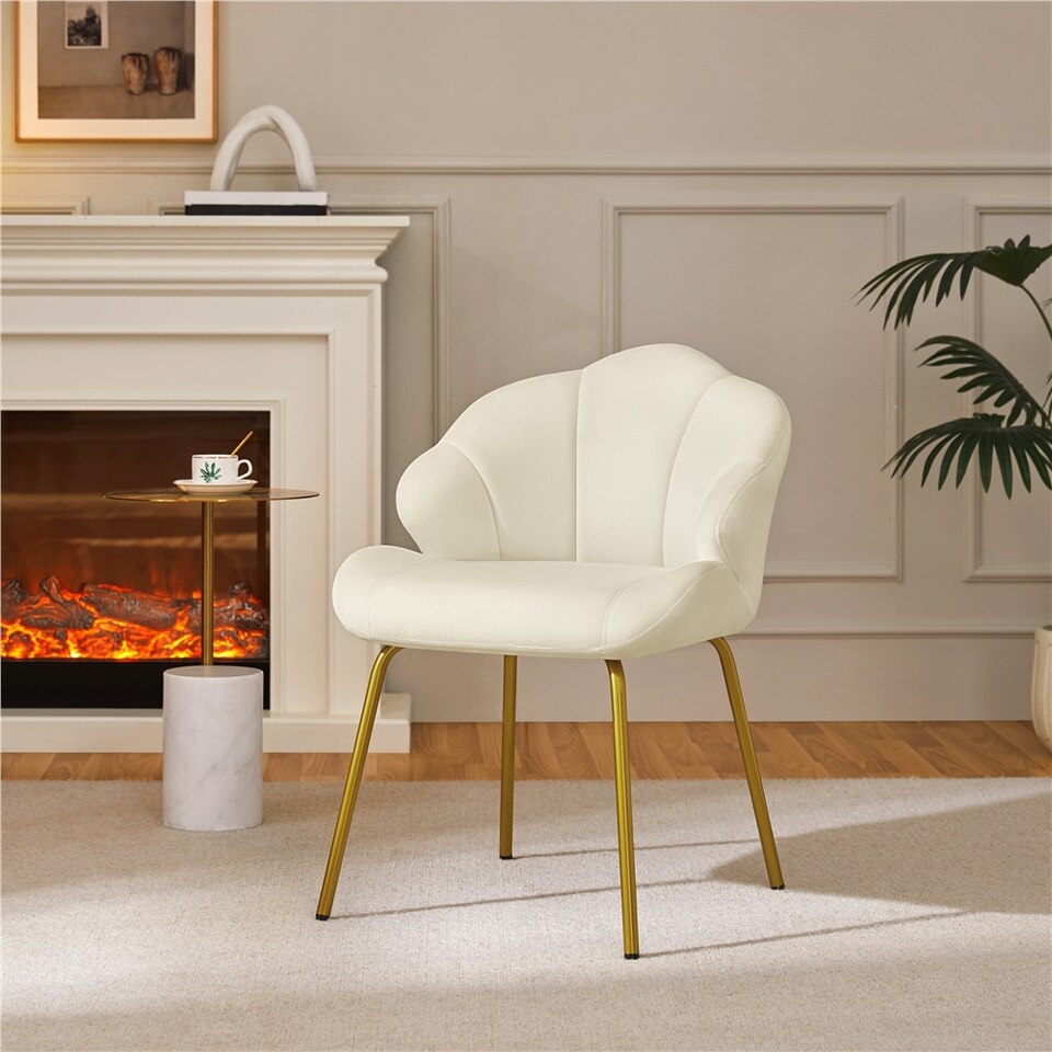 image 1 of Yaheetech Vanity Chair with Shell-shaped Backrest and Golden Metal Legs for Living Room-Beige