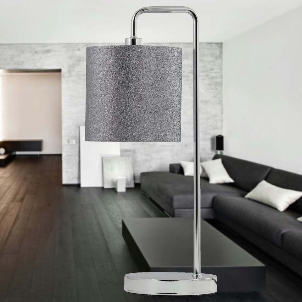 image 1 of First Choice Lighting Chrome Arched Table Lamp with Grey Glitter Shade Chrome | Grey