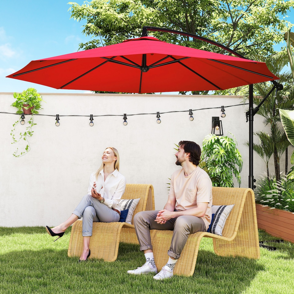 image 1 of Outsunny 3m Garden Banana Parasol Hanging Cantilever Umbrella with Crank Handle, 8 Ribs and Cross Base for Outdoor, Sun Shade, Wine Red