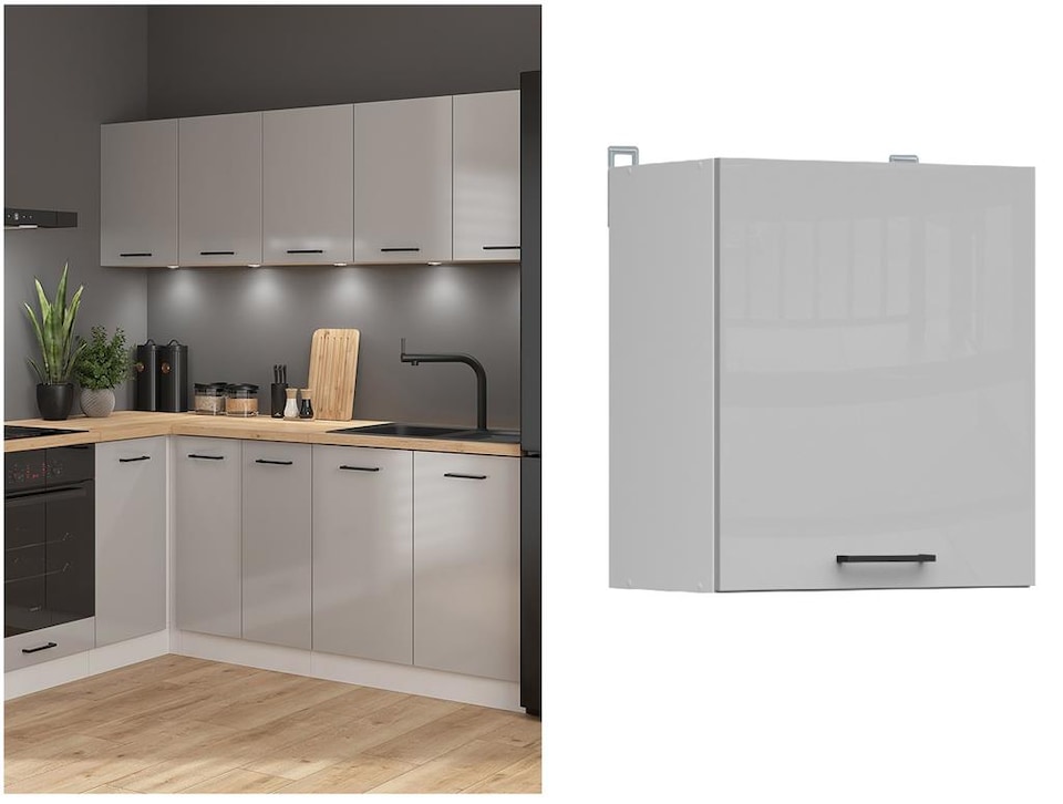 image 1 of Kitchen Wall Unit Cabinet 500mm Cupboard Light Grey Gloss Left Right 50cm Door Junona
