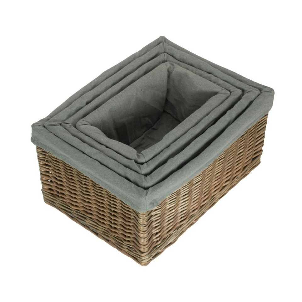 image 1 of Antique Wash Grey Cotton Grey Lined Willow Storage Baskets Set of 4 Grey