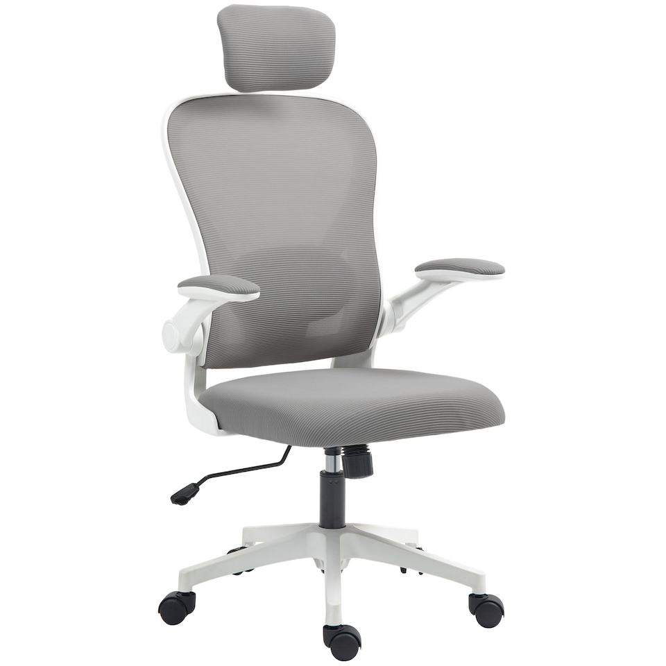 image 1 of HOMCOM Executive Office Chair, Ergonomic Mesh High Back Desk Chair with Flip-up Armrest, Rotatable Headrest, Adjustable Lumbar Support for Home Study, Grey