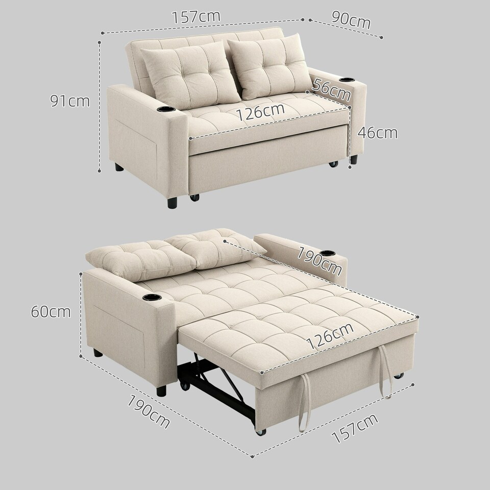 image 1 of HOMCOM 2 Seater Pull Out Sofa Bed with Pockets for Living Room Beige