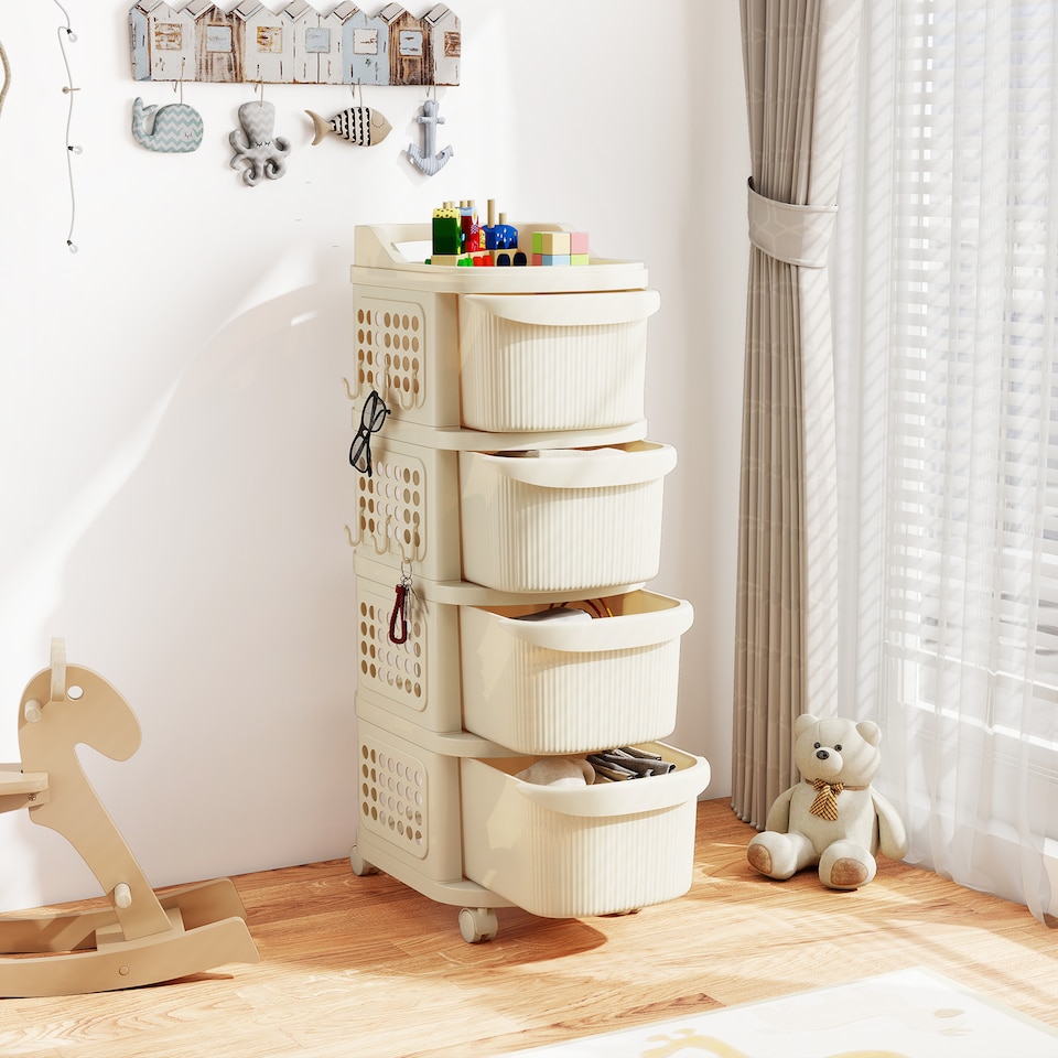 image 1 of COSTWAY 4-Drawer Utility Cart Rolling Plastic Storage White