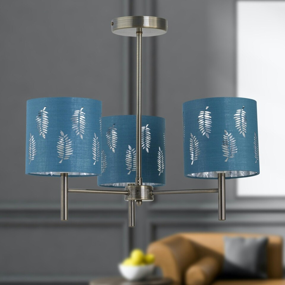 image 1 of Brea - Antique Brass 3 Light Fitting with Teal Fern Shades Bronze | Green