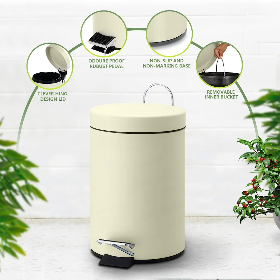 image 1 of Small Stainless Steel 3 Ltr Pedal Bin Kitchen Bathroom Toilet Rubbish, Cream Cream