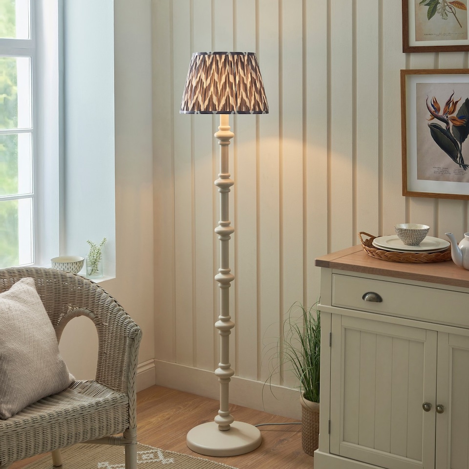 image 1 of Carnaby Satin Almond White Paint Floor Lamp with Pearl Grey Fabric Zigzag Shade 35cm B22