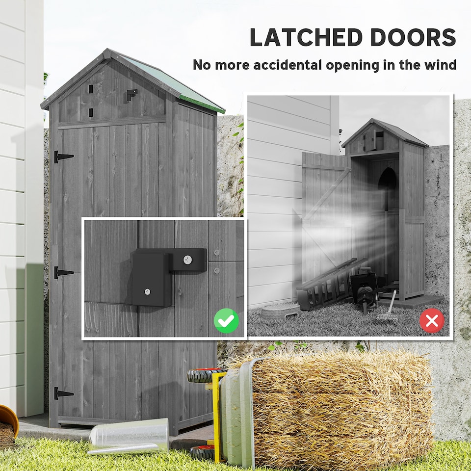 image 1 of Outsunny Wooden Garden Shed, Utility Outdoor Small Shed with Lockable Double Doors, Shelves and Roof Hatch, Grey