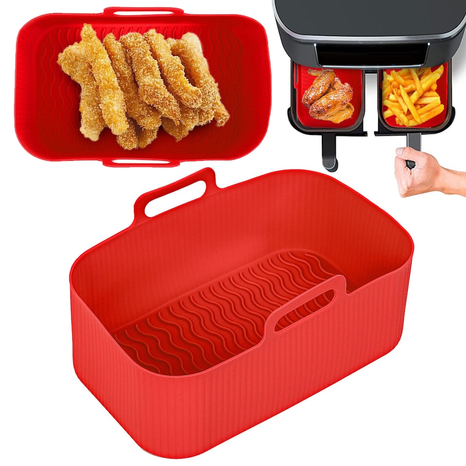 image 1 of SPARES2GO Silicone Basket Drawer Liners for Swan Duo Digital 8L / for Daewoo SDA2310 Air Fryer (Pack of 2, Red)