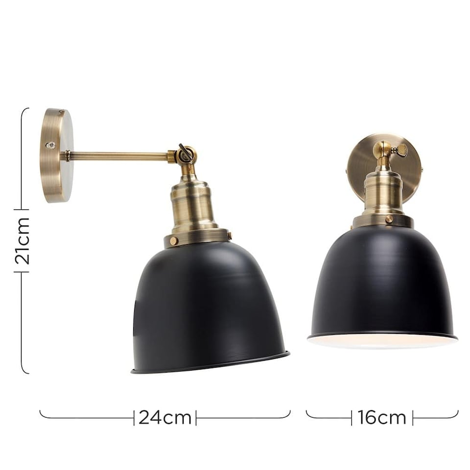 image 1 of ValueLights Antique Brass Adjustable Knuckle Joint Wall Light With Gloss Black Dome Shade