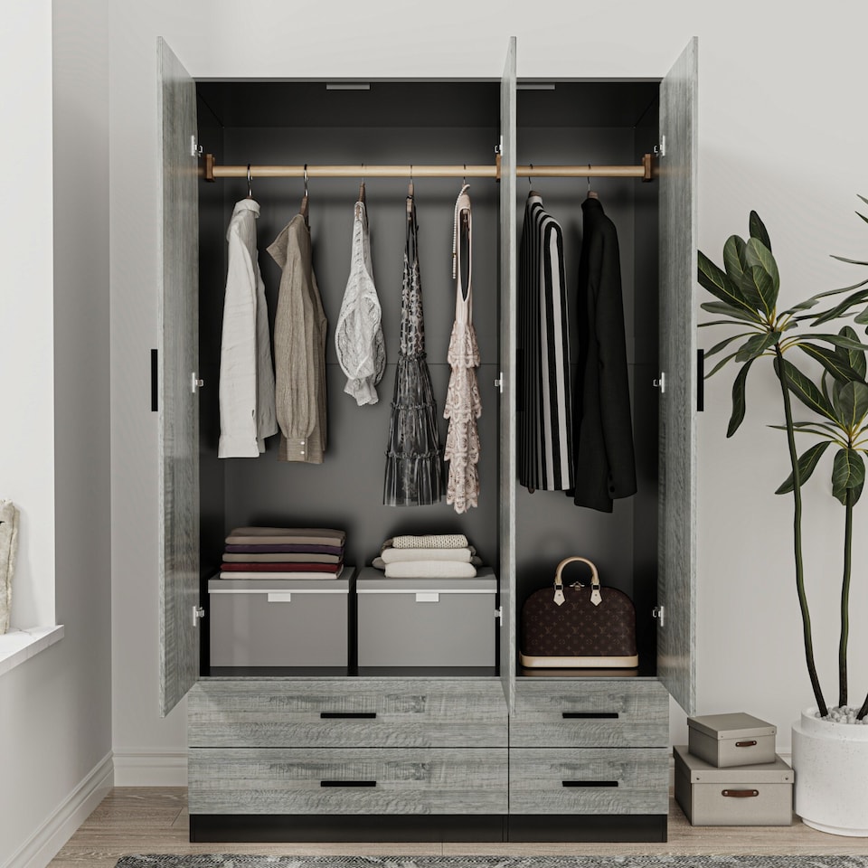 image 1 of 3 Door 4 Drawer Wardrobe With Hanging Rail And Storage Shelf | Black | Black Carcass & Ash Grey Door | 1