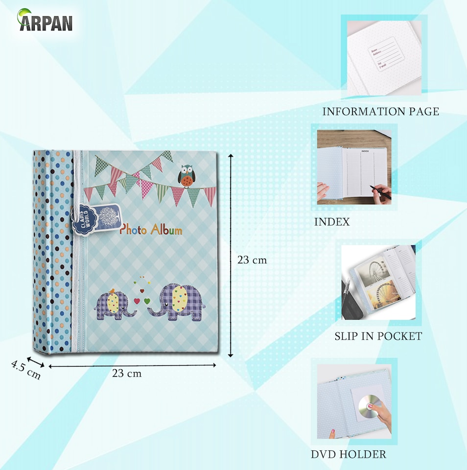 image 1 of ARPAN Slip In Memo Baby Photo Album – Holds 200 Photos 4x6" (10x15cm) – Elephant Design with Index Pages & CD/DVD Pocket