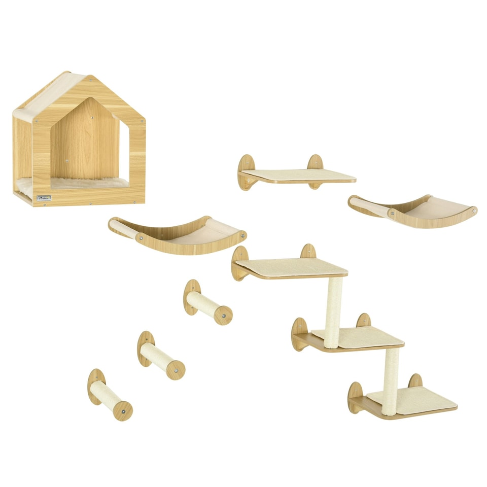 image 1 of PawHut Cat Wall Furniture Condo Perches Scratch Posts Steps 8 Piece Beige