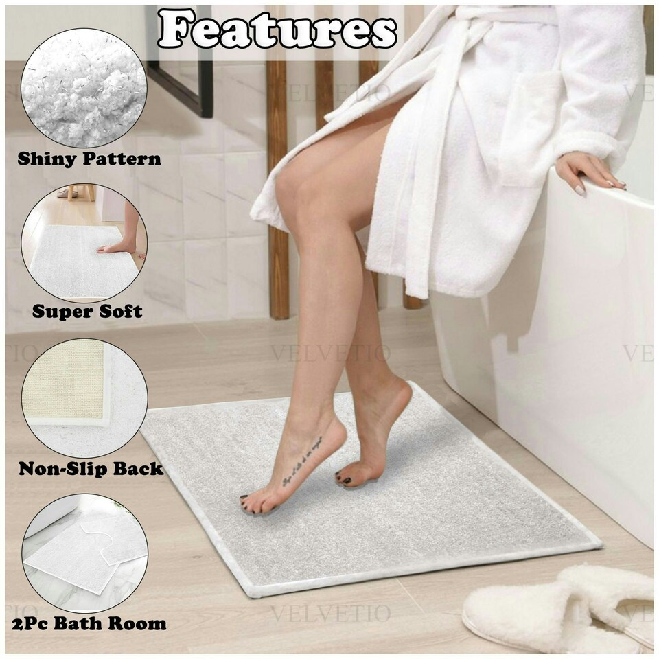 image 1 of VELVETIO Shiny Sparkling Bath Set Anti Slip Pedestal Mat Bathroom Rugs White