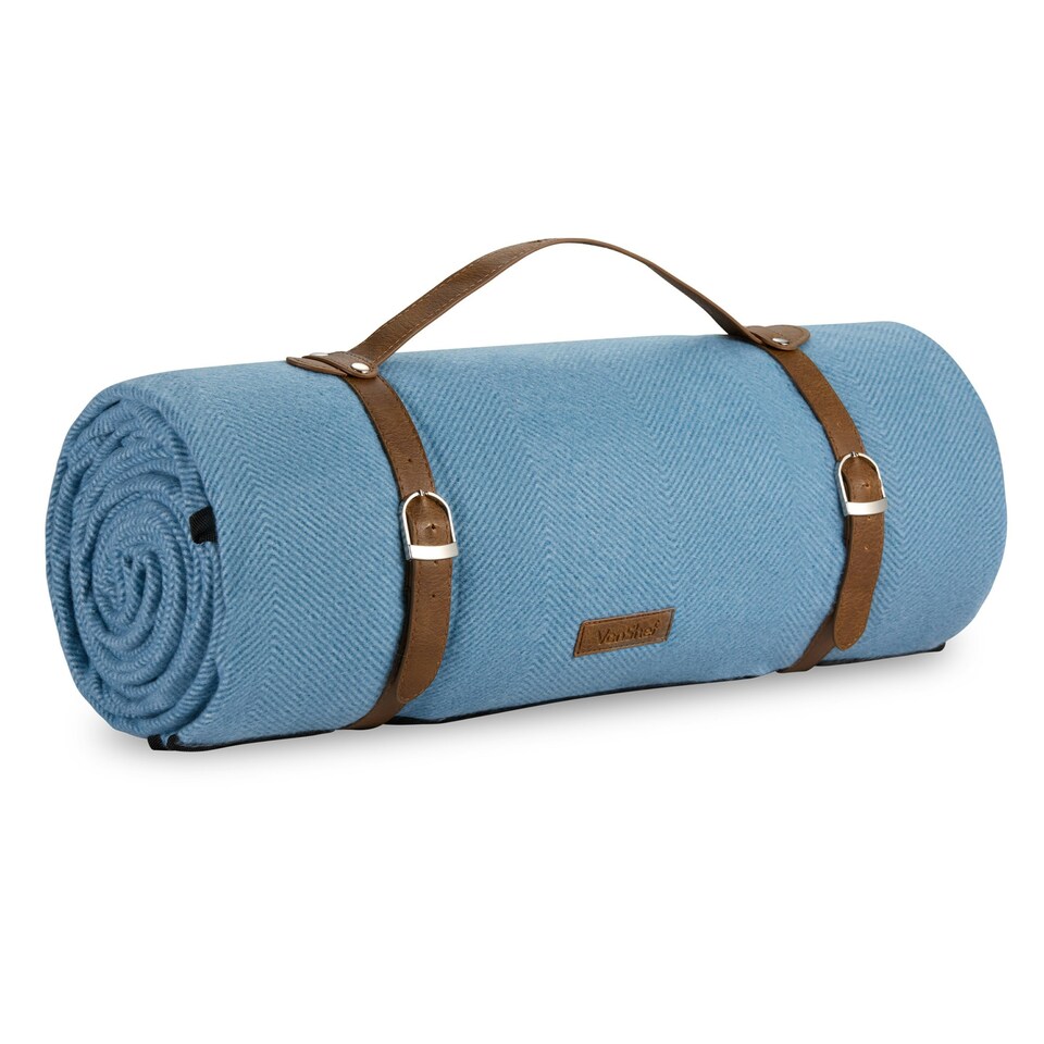 image 1 of VonShef Picnic Blanket, Large Blue Herringbone Rug with Waterproof Back, 300x200cm Blue
