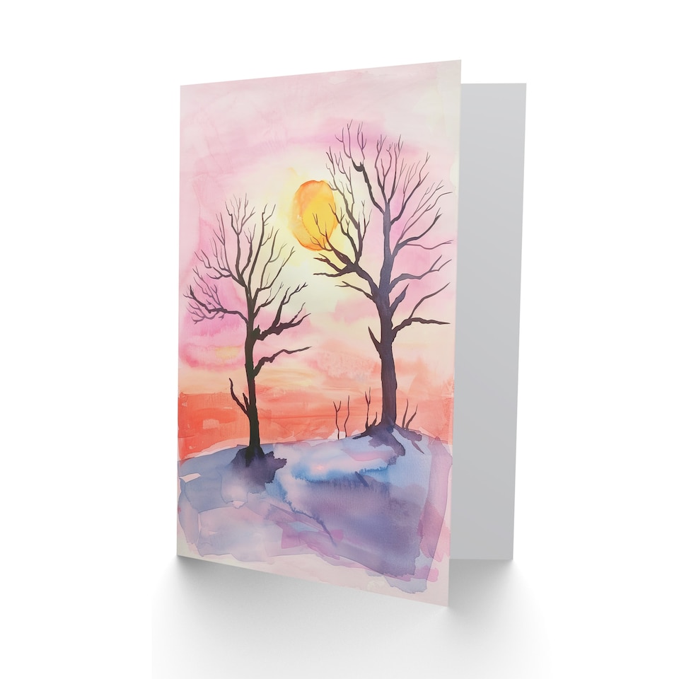 image 1 of Greeting Card Sun Rising Over Two Winter Trees Snow Landscape Birthday