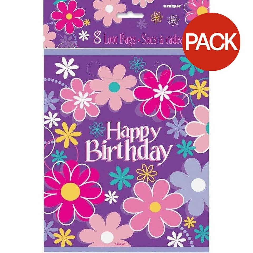 Unique Party Floral Happy Birthday Party Bags (Pack of 8) - Purple/Pink - 23cm x 18cm