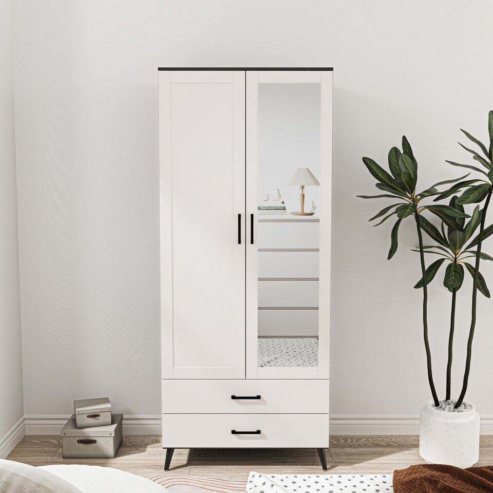 image 1 of 2-Door 2-Drawer Mirror Wardrobe with Legs | Black | Black & White | 55 x 9.5 x 149 | 1