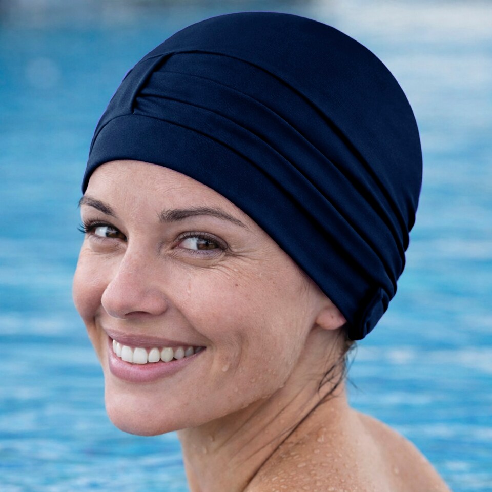 image 1 of Ladies Comfortable Fabric Swimming Cap | Turban Style Lightweight Swim Cap | Blue | Navy | One Size | 1