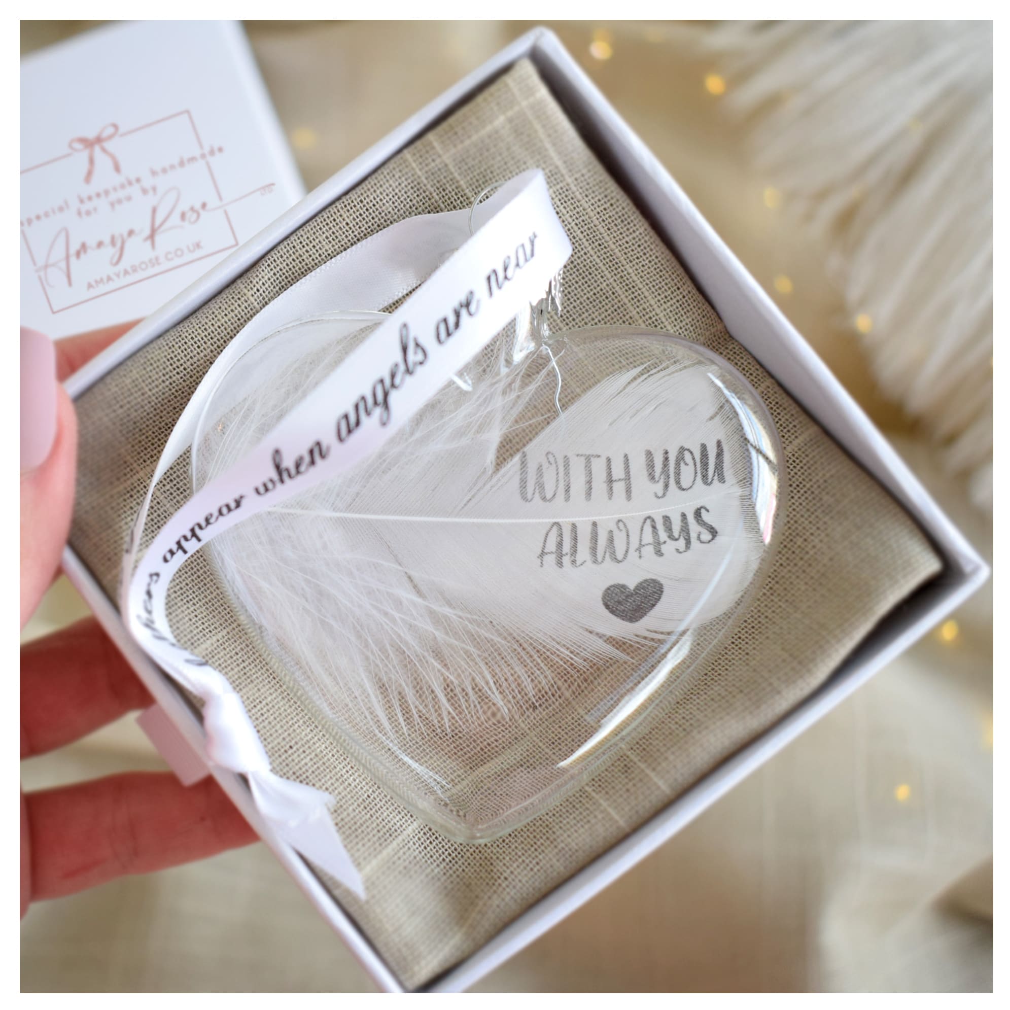 Amaya Rose Ltd With You Always In Memory Heart Feather Bauble Memorial Keepsake Gift in Clear