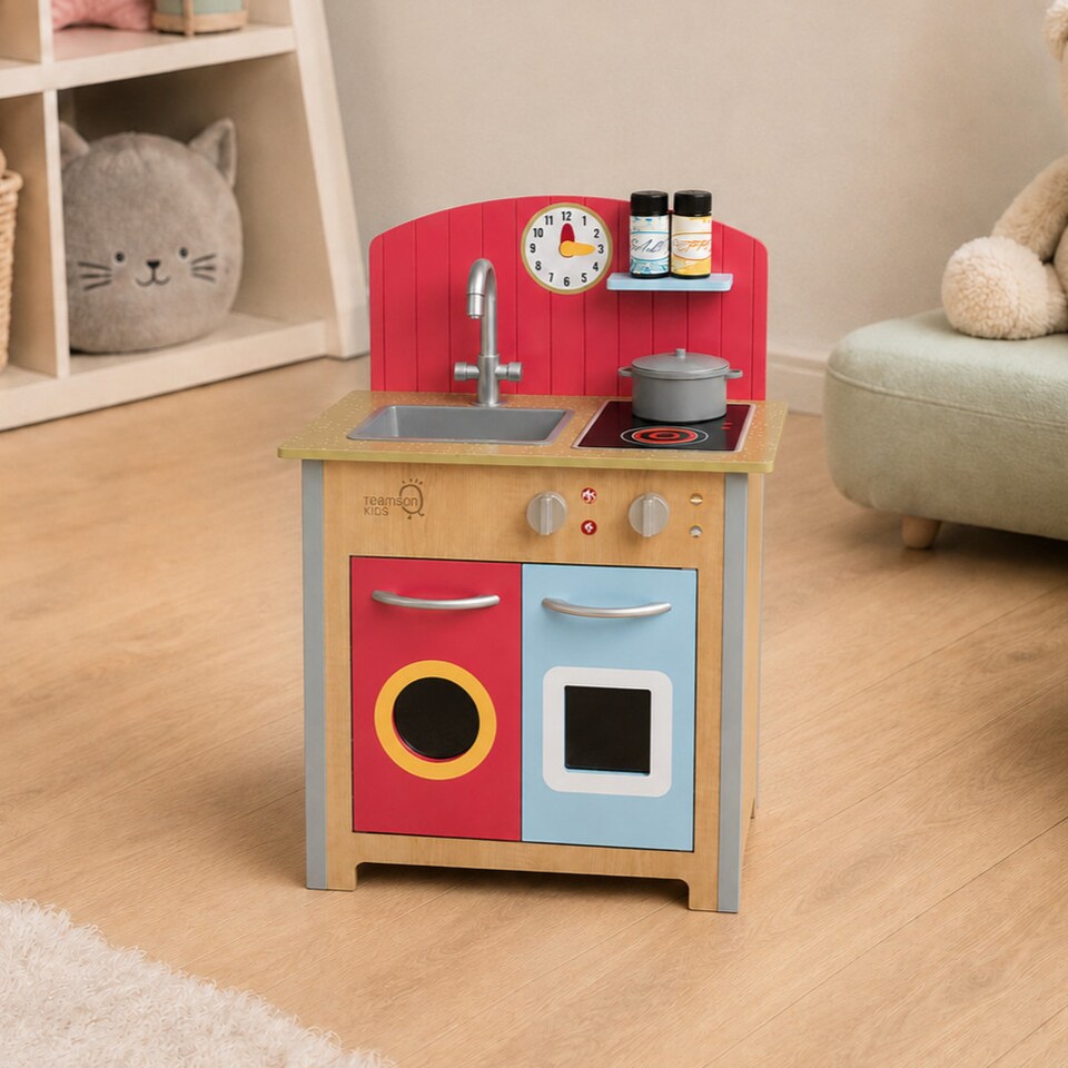 image 1 of Teamson Kids Wooden Play Kitchen with 4 Accessories, Red, Porto