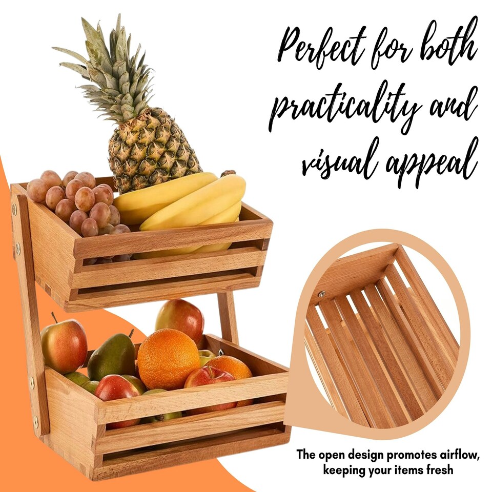 image 1 of Two-Tier Wooden Vegetable Basket & Fruit Storage Rack – Freestanding Countertop Food Storage Bowl for Kitchen Organisation