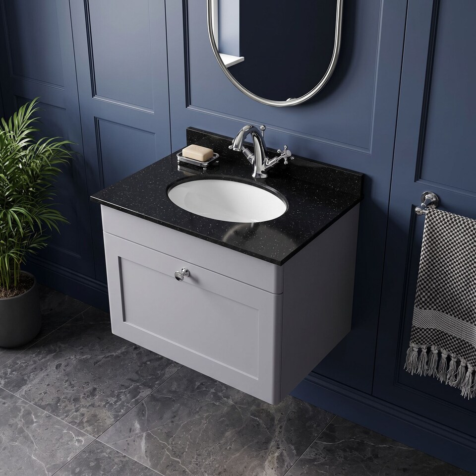 image 1 of Balterley Swynnerton Traditional 1 Drawer Wall Hung Vanity Unit with Marble Basin, Satin Grey, 600mm