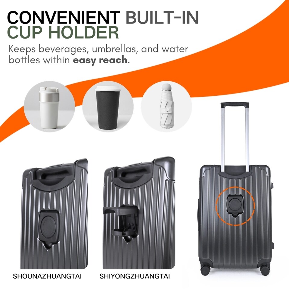 image 1 of 3 Piece Suitcase Set with Built-in Cupholder, Lightweight Luggage | Black | Oxyn Black