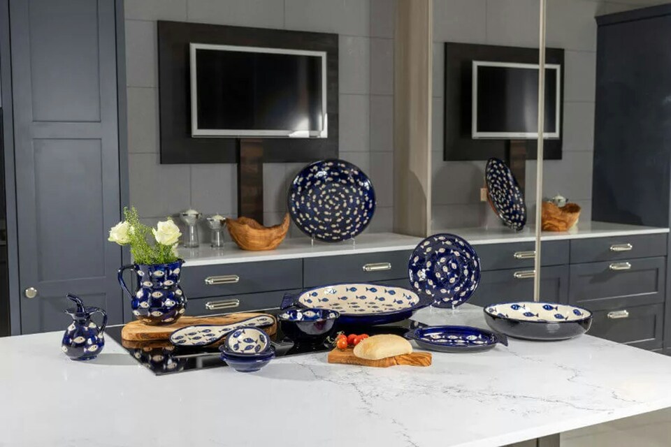 image 1 of Verano Spanish Ceramics Signature Set of 2 Pasta Bowls - 23cm Blue & White Fish | Blue | White | 2