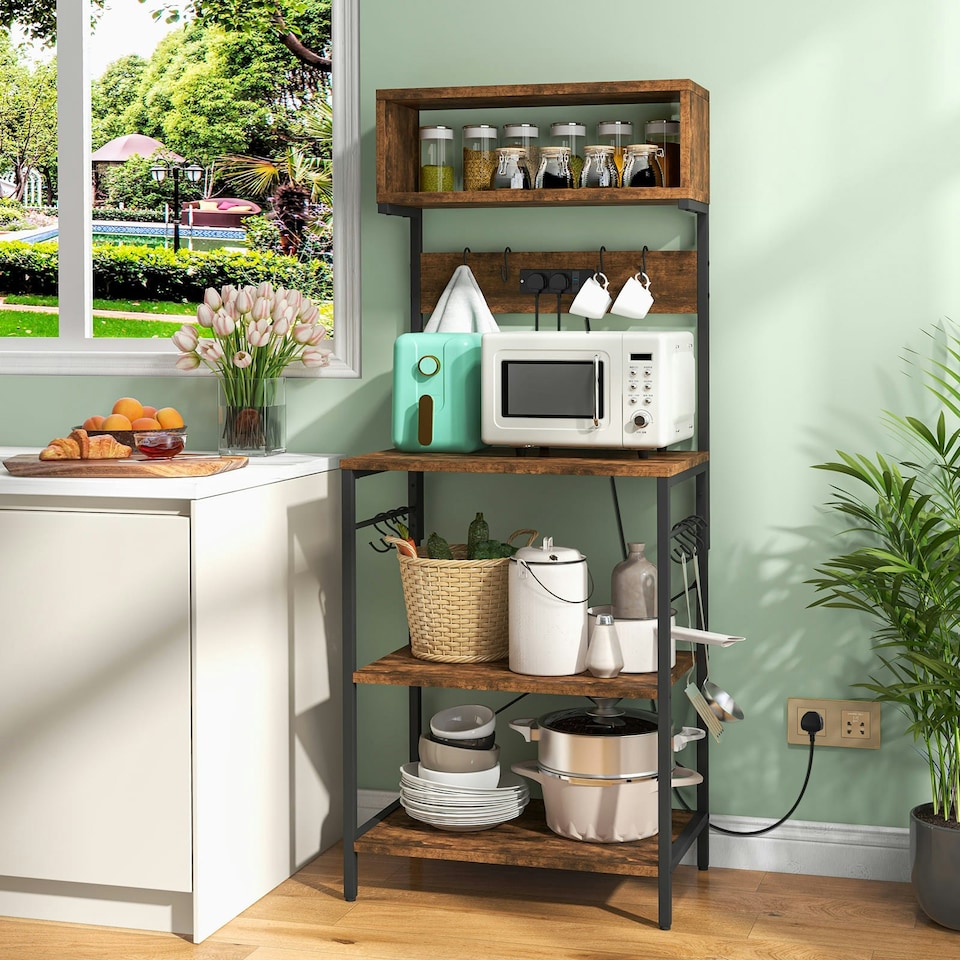 image 1 of COSTWAY Kitchen Bakers Rack Microwave Stand w/Power Outlet