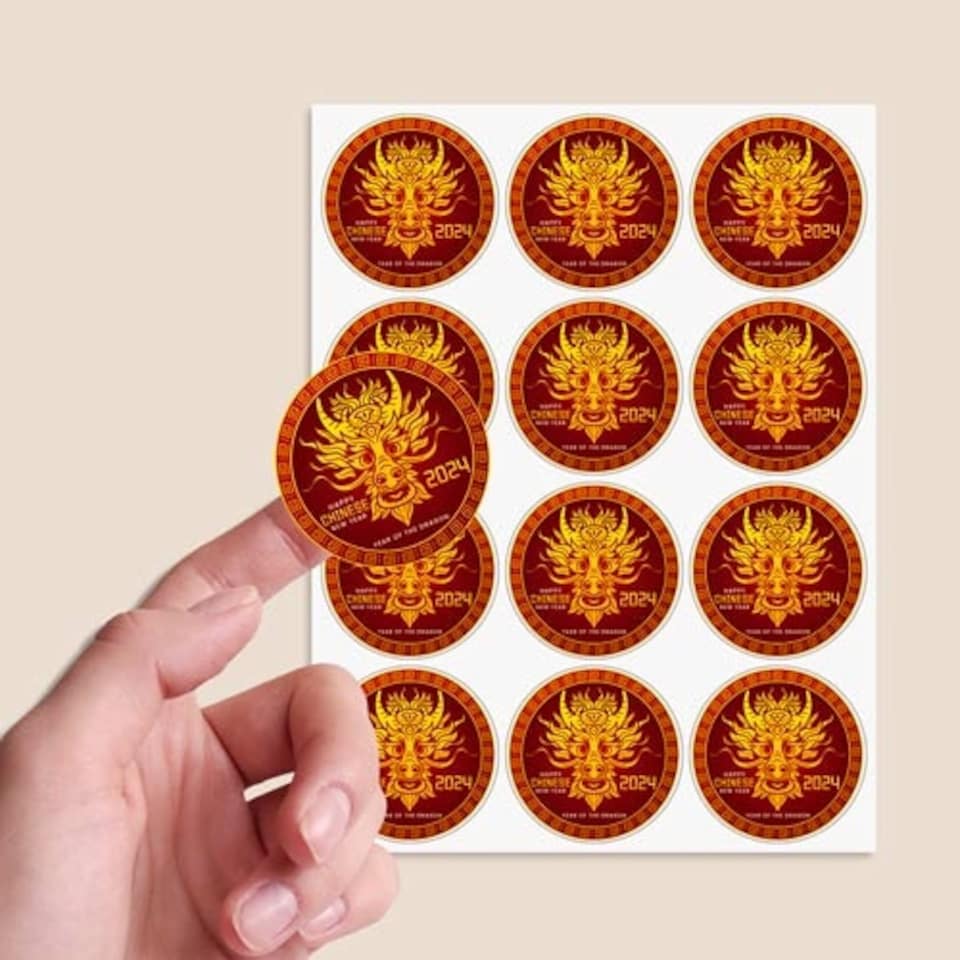 image 1 of Happy Chinese New Year 2024 Dragon Design Round Stickers 60mm - Sheet of 12